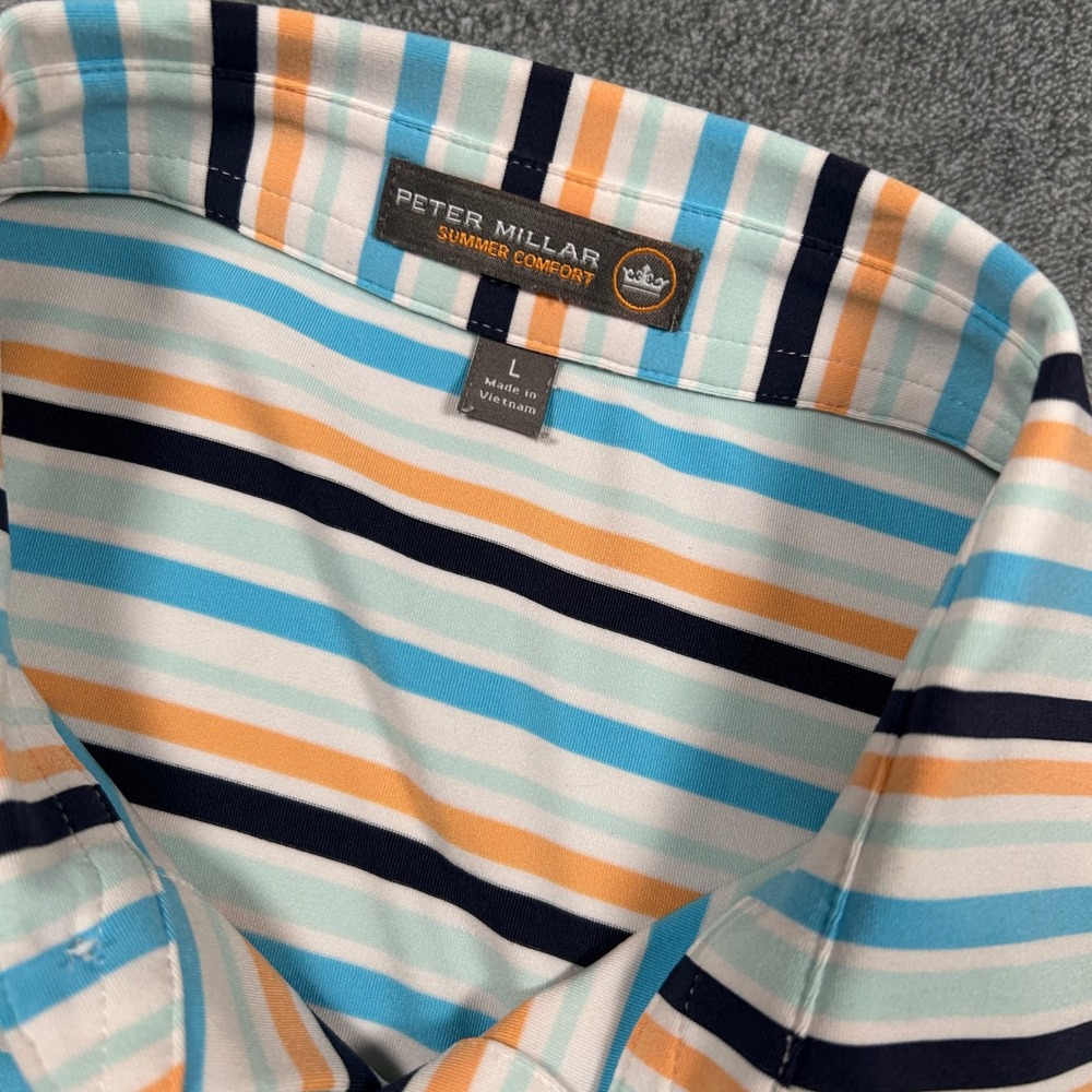 Peter Millar Summer Comfort Kapalua Golf Polo Mens Large Blue Orange Striped L - Picture 2 of 12